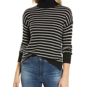 Nordstrom Cashmere Turtleneck Sweater Black Ivory Stripe, Size Medium
